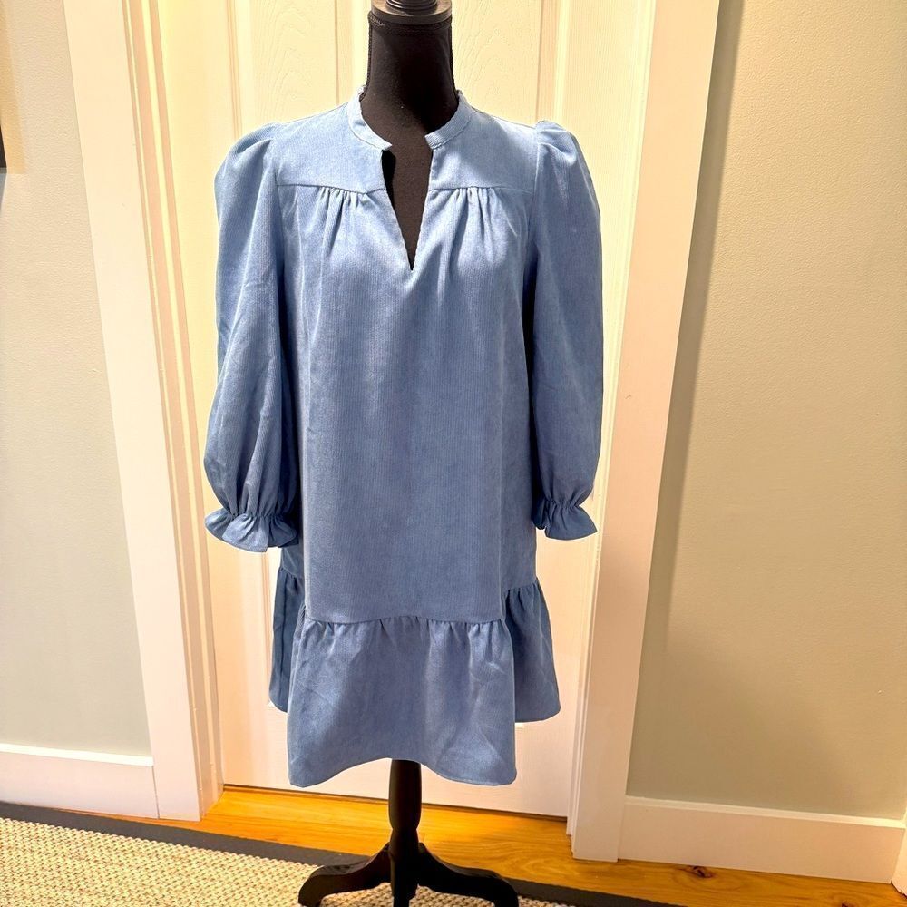 Joy Joy Blue Corduroy mini flounce dress w long puffy sleeves and a drop waist-S